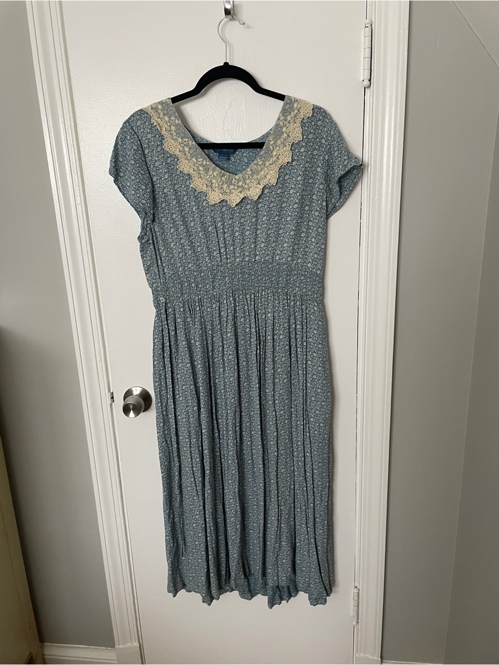April Cornell Blue Floral Dress with Cream Lace